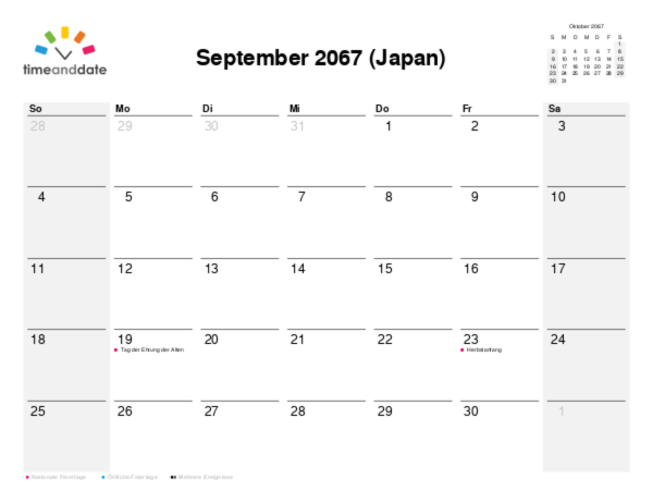 Kalender für 2067 in Japan