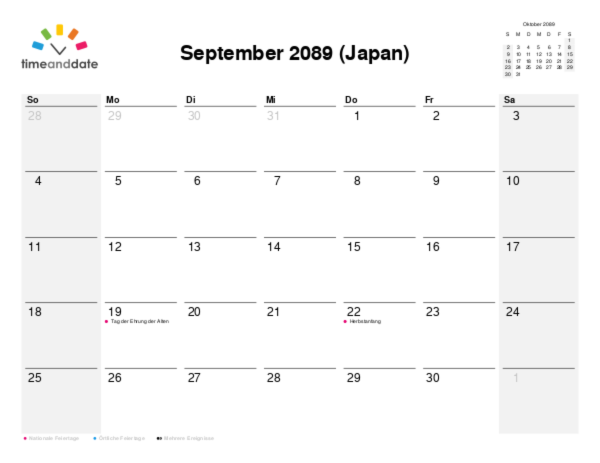 Kalender für 2089 in Japan