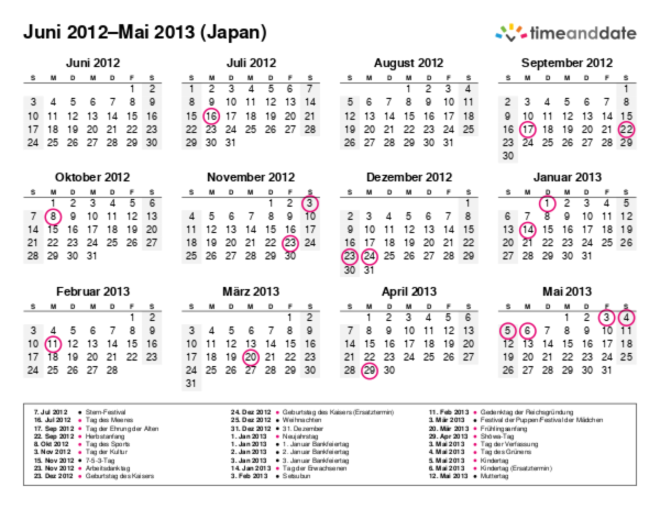 Kalender für 2012 in Japan