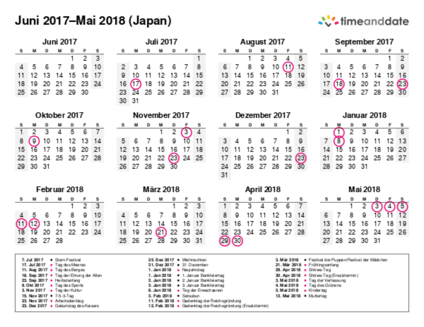 Kalender für 2017 in Japan
