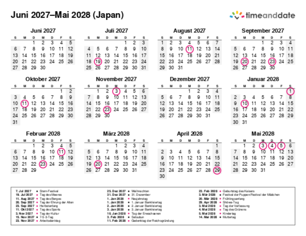 Kalender für 2027 in Japan