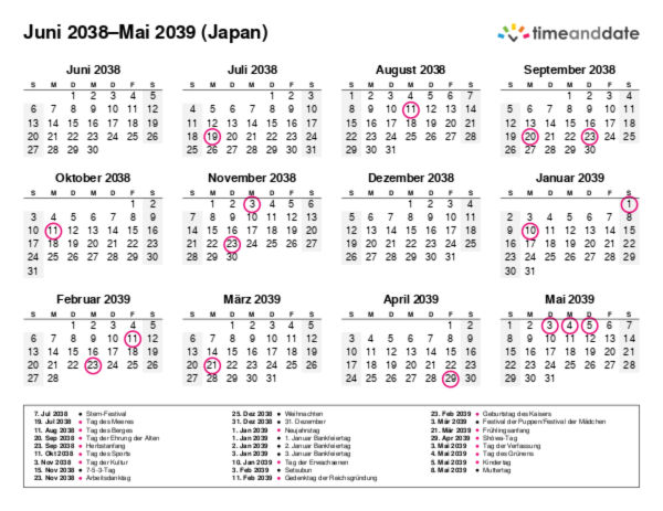 Kalender für 2038 in Japan