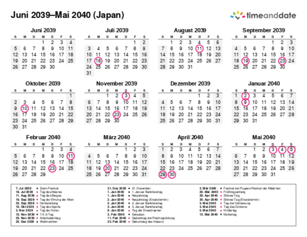 Kalender für 2039 in Japan