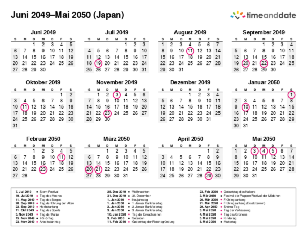 Kalender für 2049 in Japan