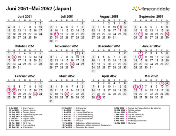 Kalender für 2051 in Japan
