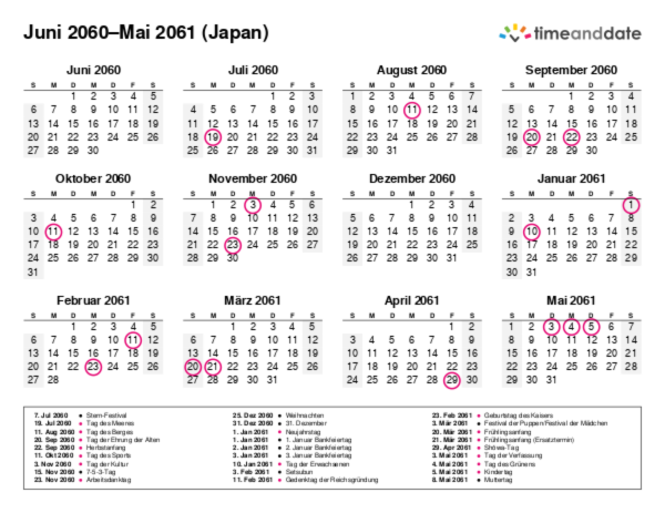 Kalender für 2060 in Japan