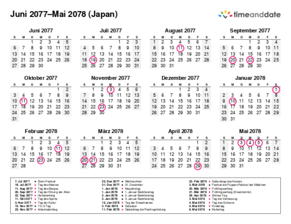 Kalender für 2077 in Japan