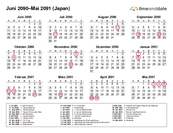 Kalender für 2090 in Japan