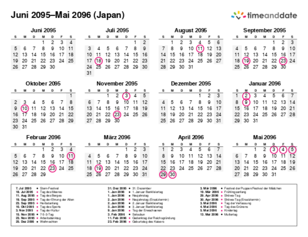 Kalender für 2095 in Japan