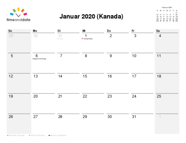 Kalender für 2020 in Kanada