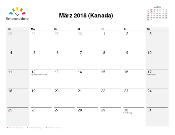 Kalender für 2018 in Kanada