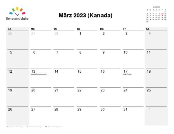 Kalender für 2023 in Kanada