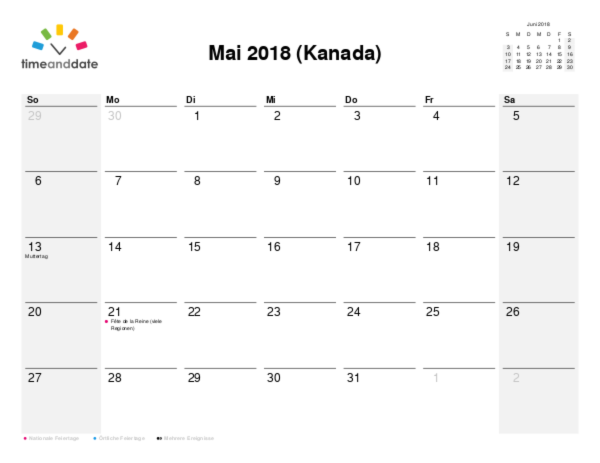 Kalender für 2018 in Kanada