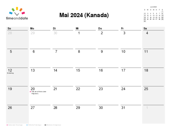 Kalender für 2024 in Kanada