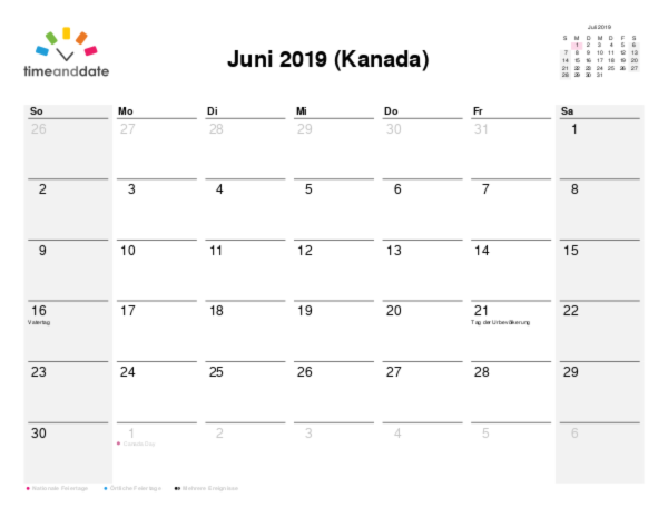 Kalender für 2019 in Kanada