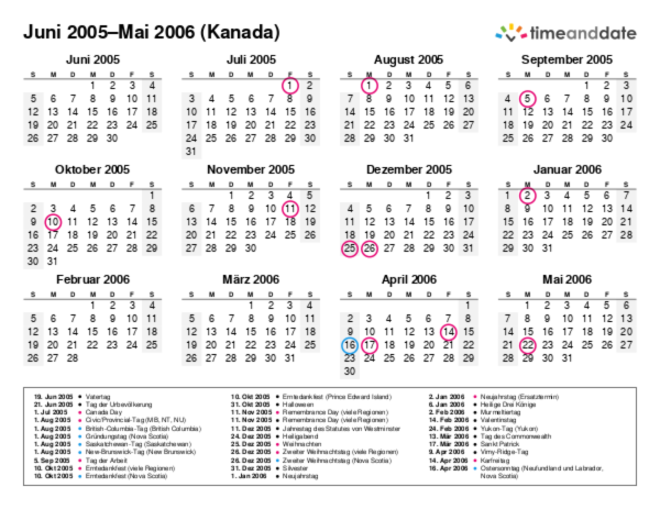Kalender für 2005 in Kanada