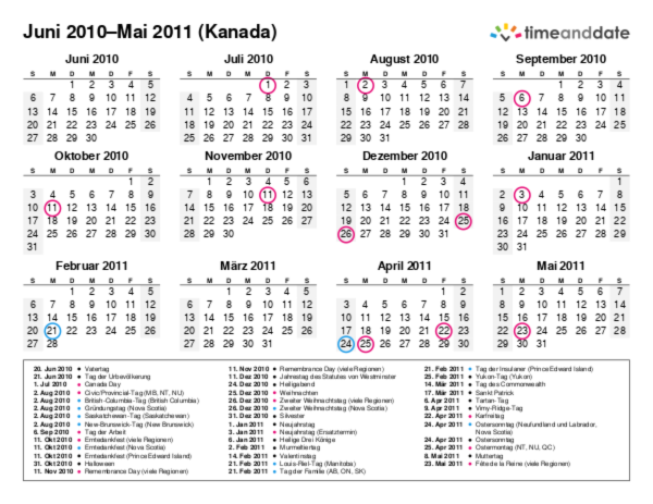 Kalender für 2010 in Kanada