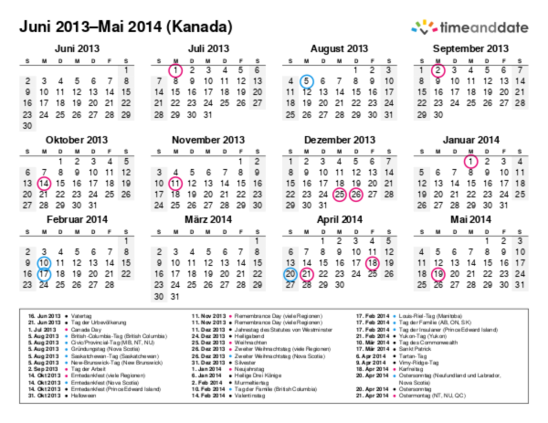 Kalender für 2013 in Kanada