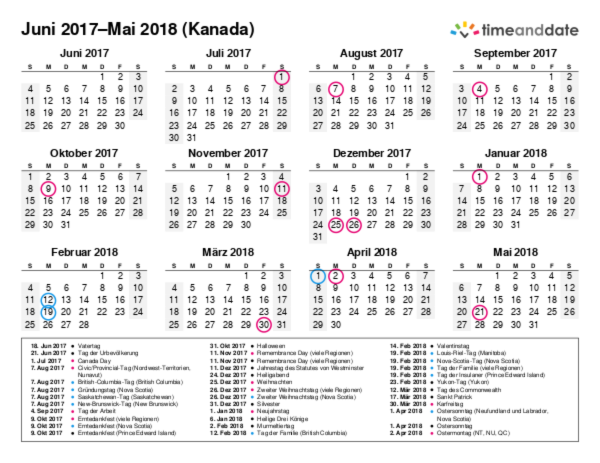 Kalender für 2017 in Kanada