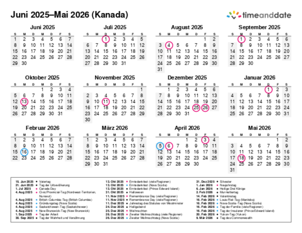 Kalender für 2025 in Kanada