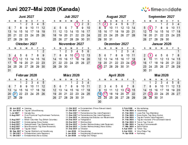 Kalender für 2027 in Kanada