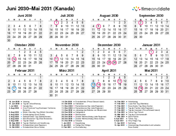 Kalender für 2030 in Kanada