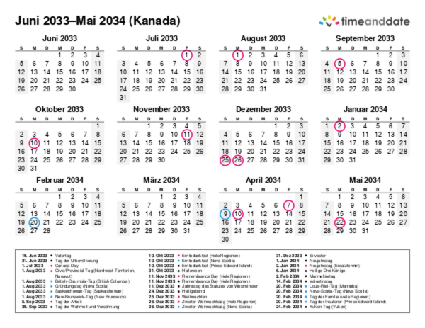 Kalender für 2033 in Kanada