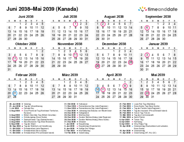 Kalender für 2038 in Kanada