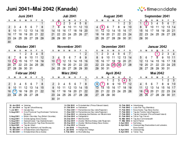 Kalender für 2041 in Kanada