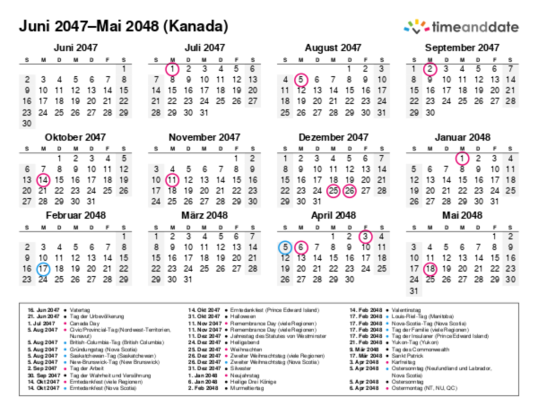 Kalender für 2047 in Kanada