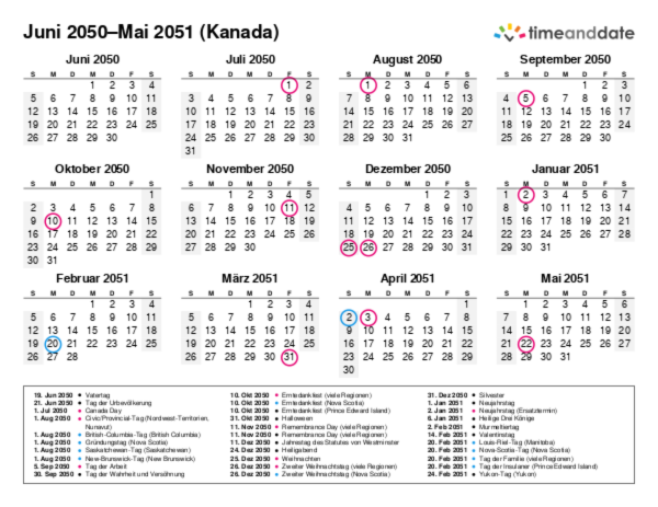Kalender für 2050 in Kanada