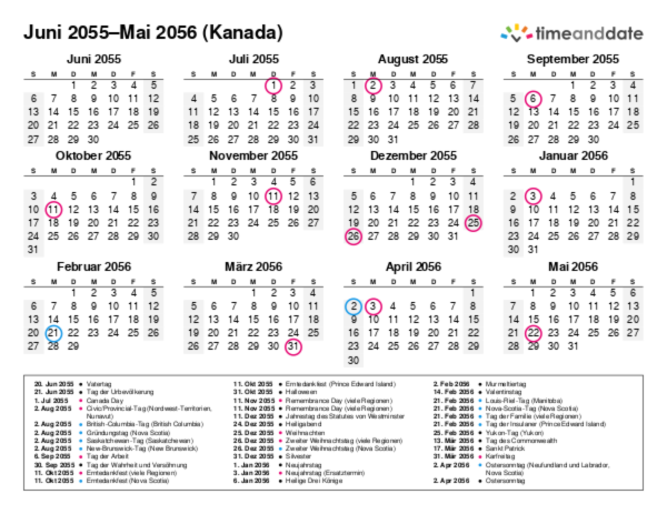 Kalender für 2055 in Kanada
