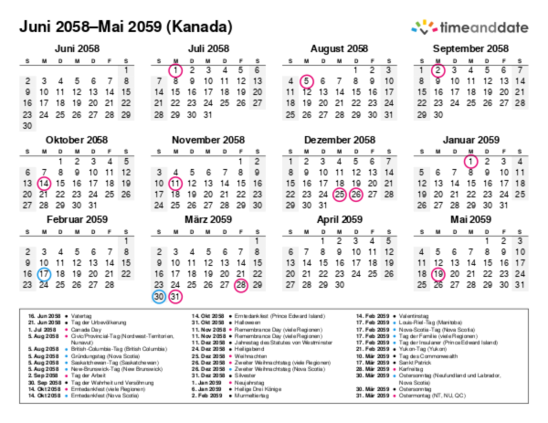 Kalender für 2058 in Kanada