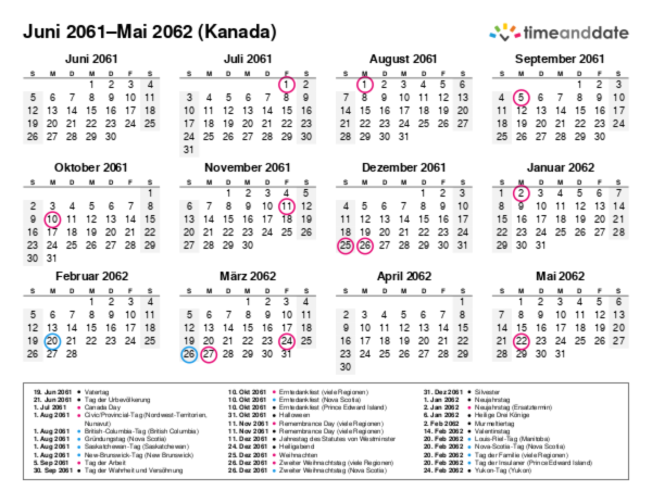 Kalender für 2061 in Kanada