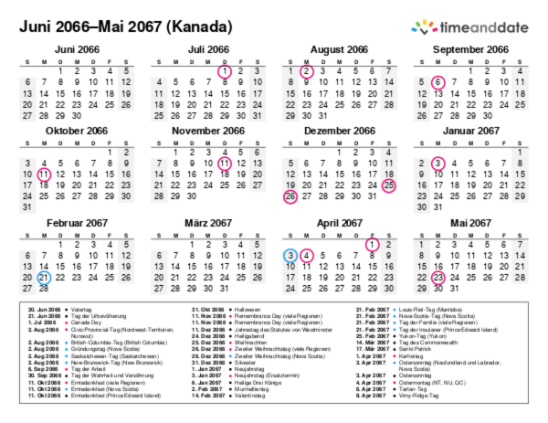Kalender für 2066 in Kanada