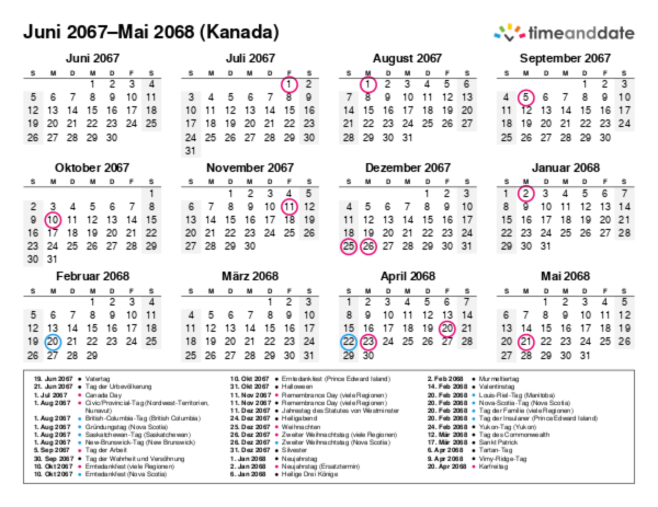 Kalender für 2067 in Kanada