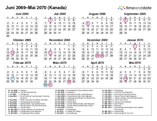 Kalender für 2069 in Kanada