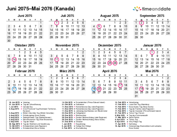 Kalender für 2075 in Kanada