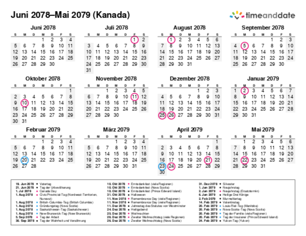 Kalender für 2078 in Kanada