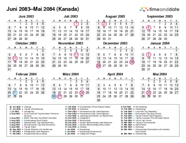 Kalender für 2083 in Kanada