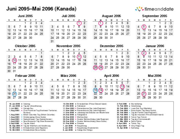Kalender für 2095 in Kanada
