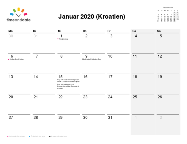 Kalender für 2020 in Kroatien