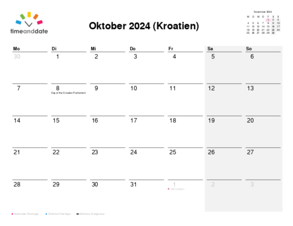 Kalender für 2024 in Kroatien