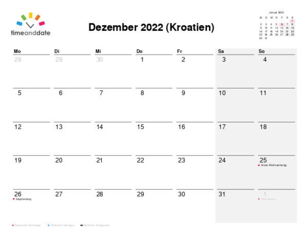 Kalender für 2022 in Kroatien