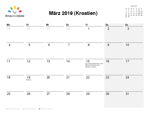 Kalender für 2019 in Kroatien