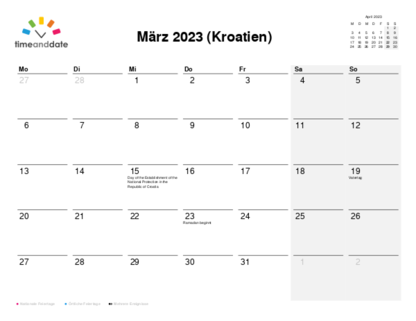 Kalender für 2023 in Kroatien