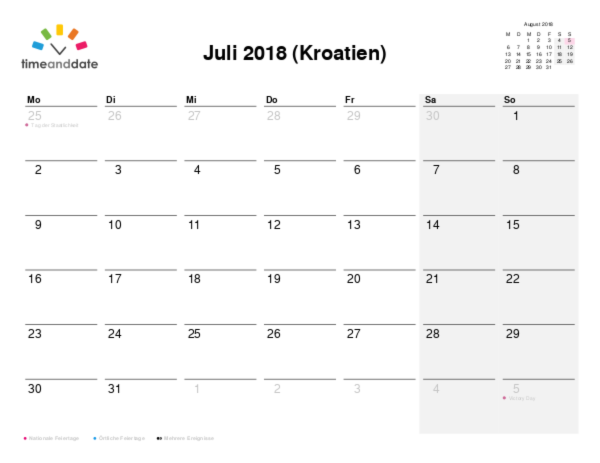 Kalender für 2018 in Kroatien