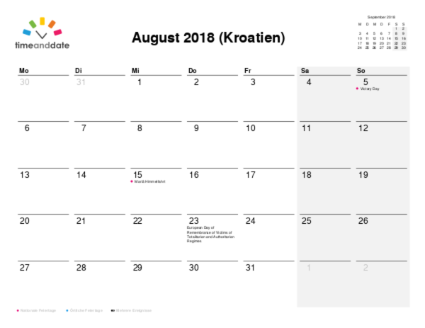 Kalender für 2018 in Kroatien