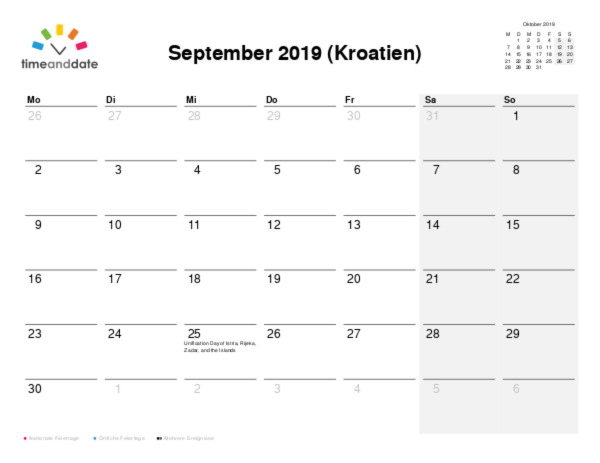 Kalender für 2019 in Kroatien