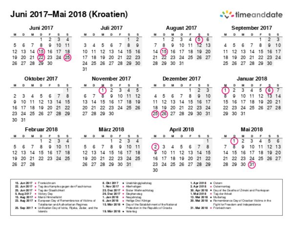 Kalender für 2017 in Kroatien